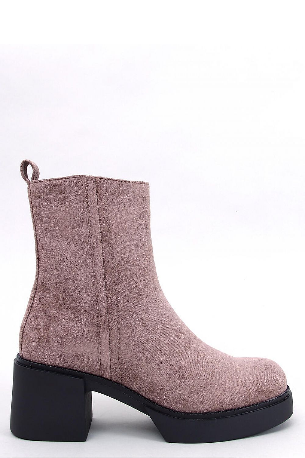 Elegant women's Inello heel boots crafted from eco-friendly suede, featuring a 6.5cm wide heel and luxurious soft fur interior.
