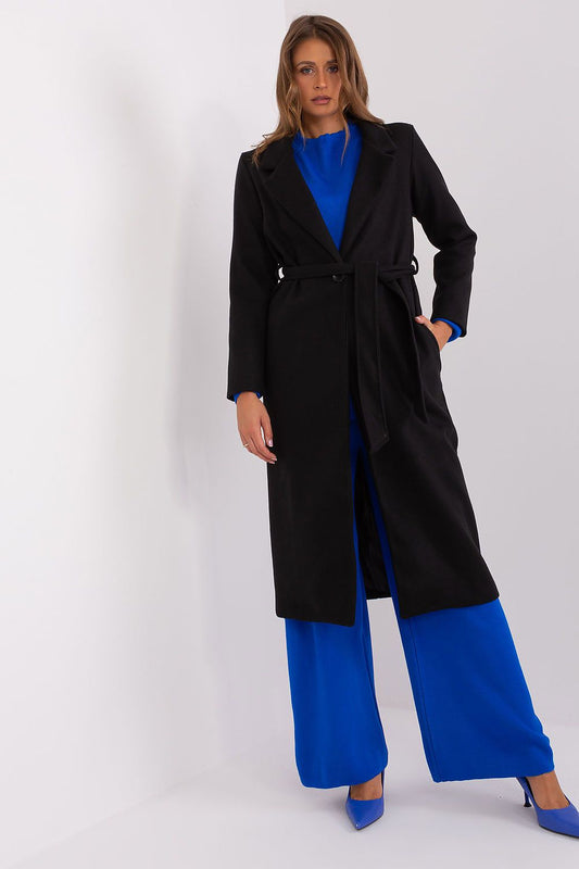 Och Bella elegant long transitional coat in durable polyester with button closure and tie belt, showcasing refined style.