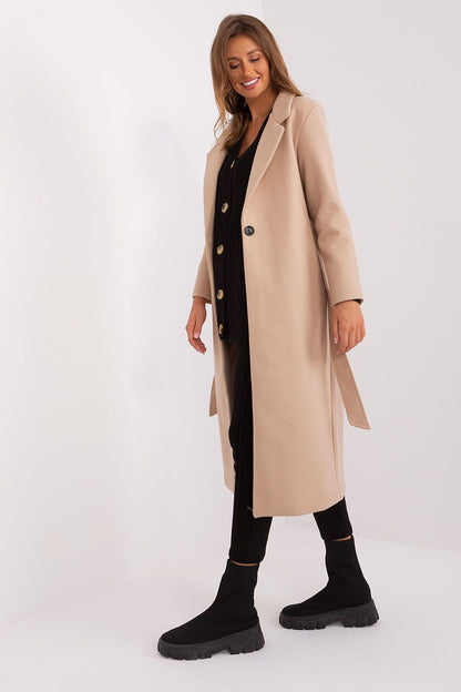 Back view of Och Bella long transitional coat in durable polyester, exemplifying a tailored fit and upscale design for versatile wear.