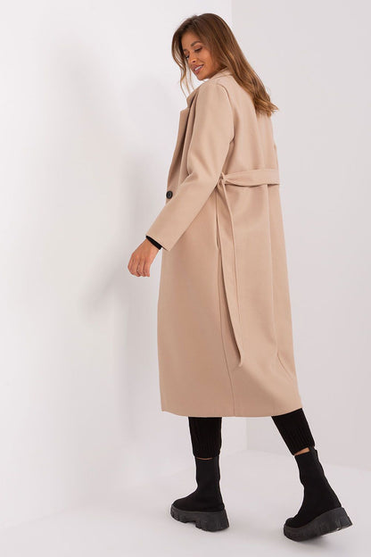 Och Bella elegant long transitional coat made of durable polyester, showcasing button closure and stylish tie belt.