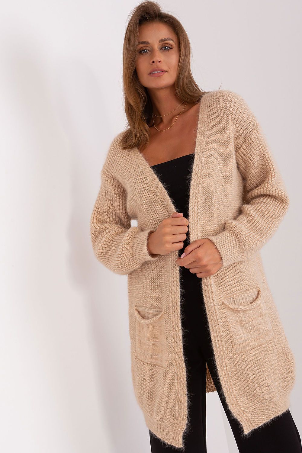 Chic knee-length cardigan from Italy Moda, crafted from 85% acrylic, perfect for layering in luxurious comfort.