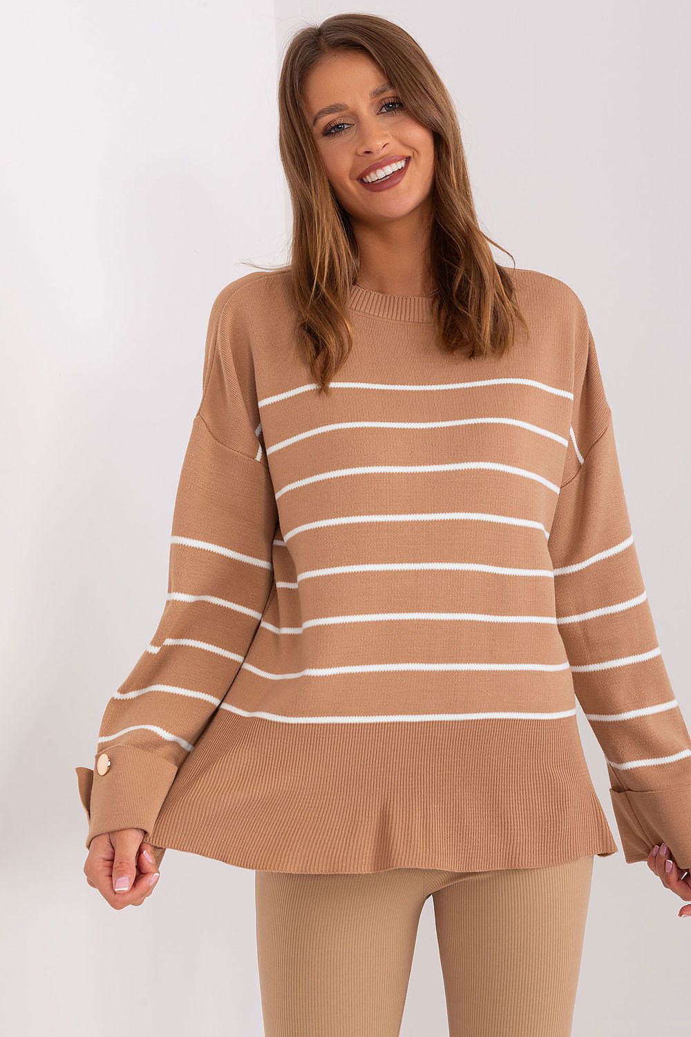 Luxury casual striped sweater by Factory Price, made from 100% acrylic with long sleeves and decorative buttons, perfect for stylish everyday wear.