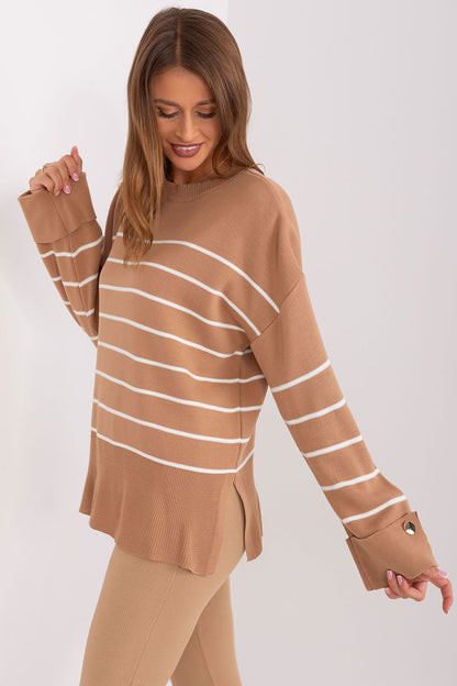Luxury casual striped sweater by Factory Price, featuring a round neckline and long sleeves with decorative buttons, made from 100% acrylic.