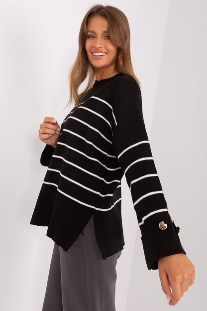 Model wearing a luxury casual striped sweater by Factory Price, demonstrating its versatility for various outfits and chic everyday style.