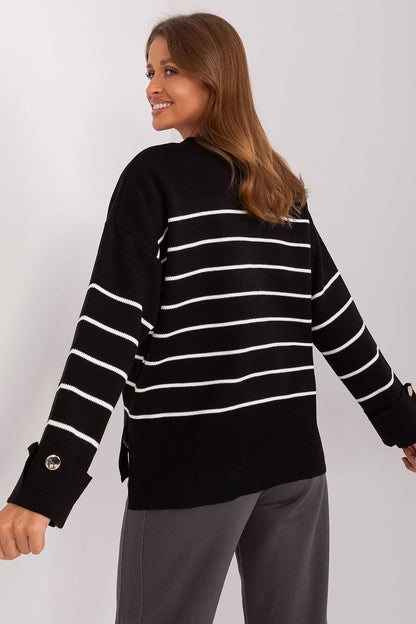 Elegant model showcasing the Luxury Casual Striped Sweater by Factory Price, featuring a chic round neckline and decorative buttons, perfect for stylish everyday wear.