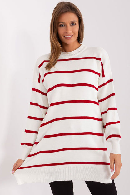 Elegant long striped sweater by Factory Price, showcasing a soft 100% acrylic design for luxurious comfort and casual style.