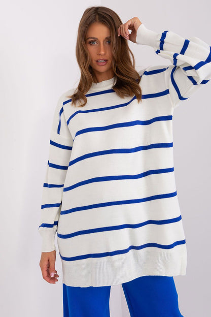 Elegant long striped sweater by Factory Price, crafted from soft 100% acrylic, perfect for casual workwear and everyday style.