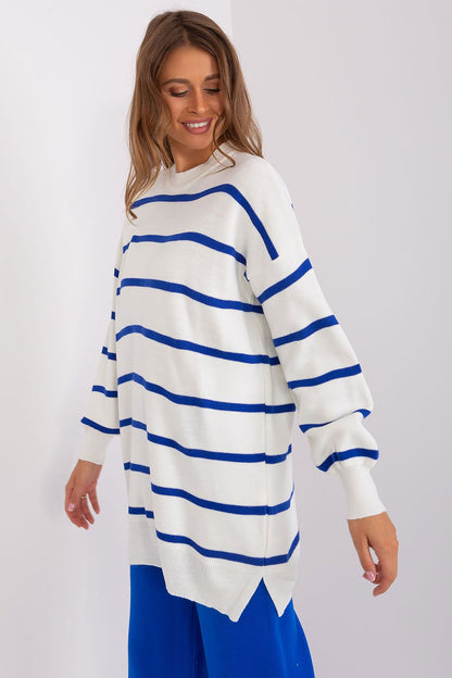 Factory Price elegant round neckline long striped sweater, ideal for pairing with various outfits for a sophisticated look.