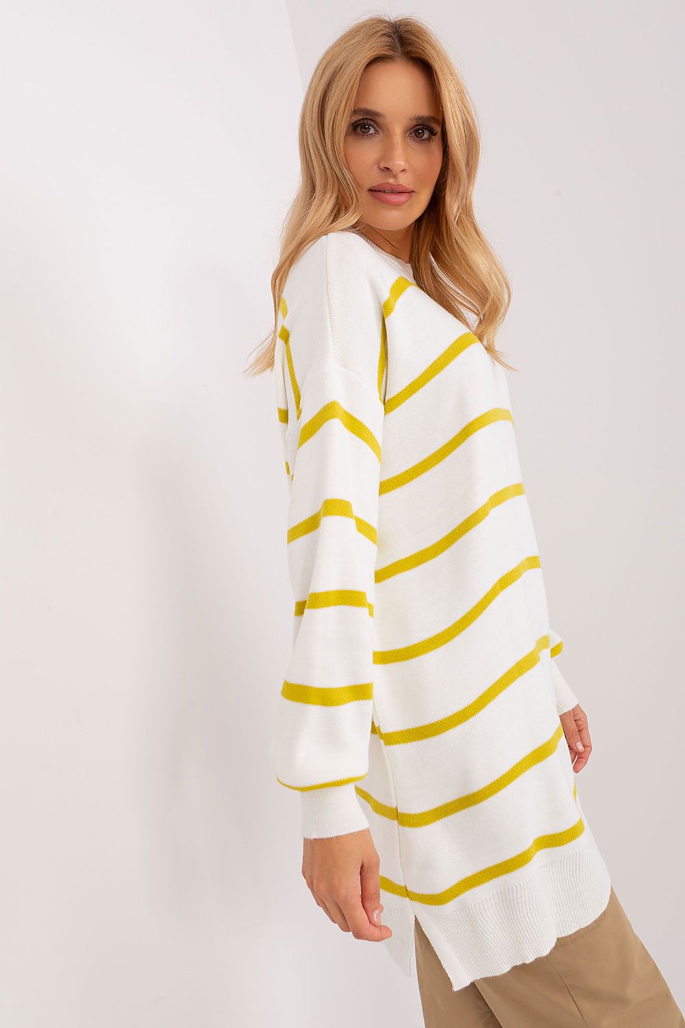 Chic long striped sweater by Factory Price, featuring a trendy pattern and crafted from soft 100% acrylic suitable for work and leisure.
