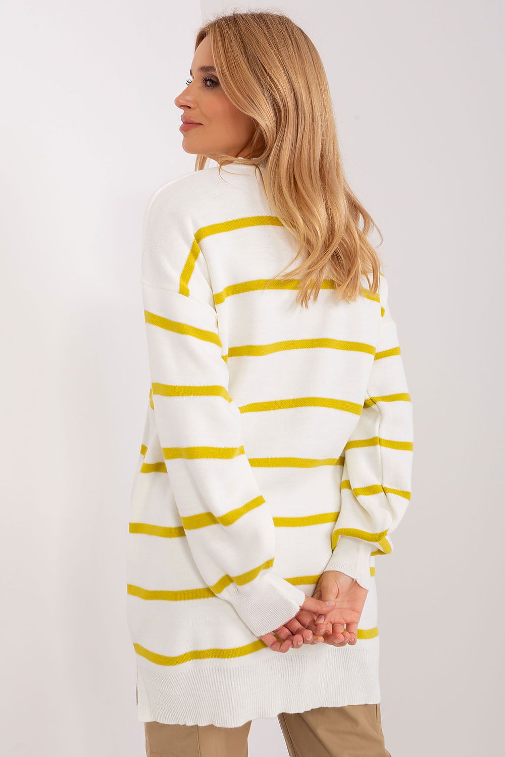 Elegant long striped sweater in soft 100% acrylic, designed by Factory Price, perfect for casual work attire and everyday wear.