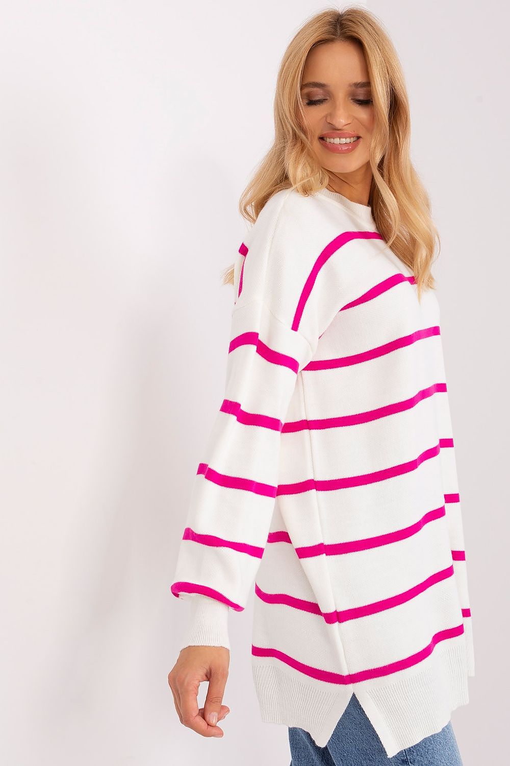 Stylish long sleeve striped sweater with round neckline by Factory Price, suitable for both casual and professional outfits.