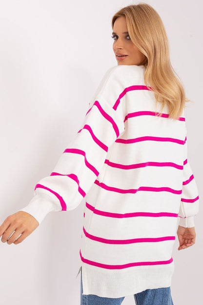 Chic long striped sweater featuring fashionable stripes, crafted from soft acrylic, available from Factory Price for a sophisticated look.