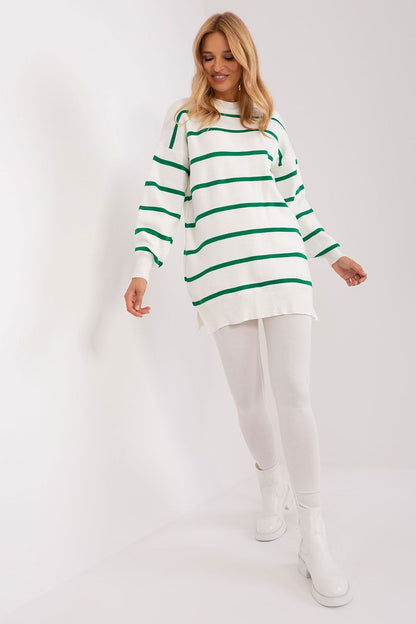Stylish model showcasing the elegant long striped sweater by Factory Price, perfect for both casual outings and professional settings.