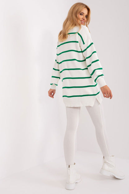 Fashionable long striped sweater featuring a round neckline and warm texture, a premium choice from Factory Price for everyday elegance.