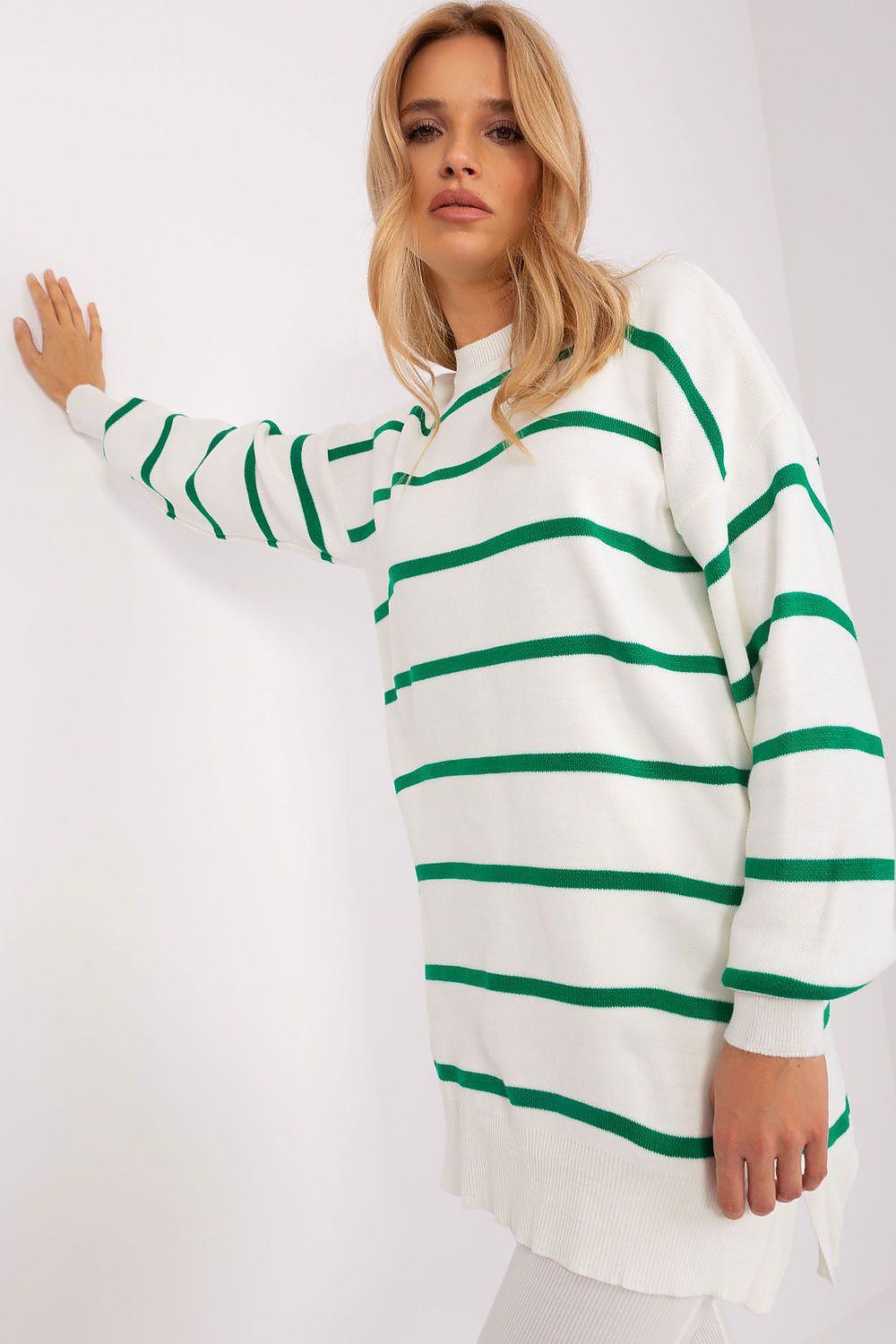 Elegant long striped sweater by Factory Price, crafted from soft 100% acrylic, showcasing a stylish casual design perfect for work and everyday wear.
