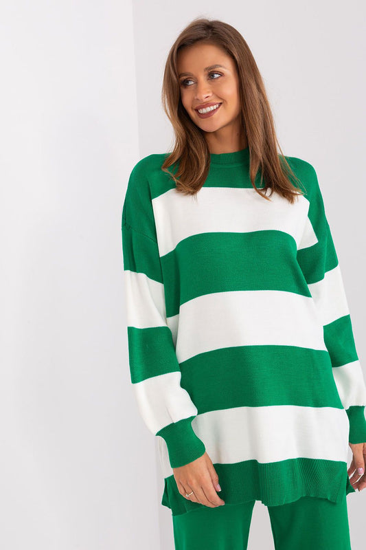 Luxury long loose striped acrylic sweater by Factory Price, showcasing warm comfort and fashionable design for cold days.