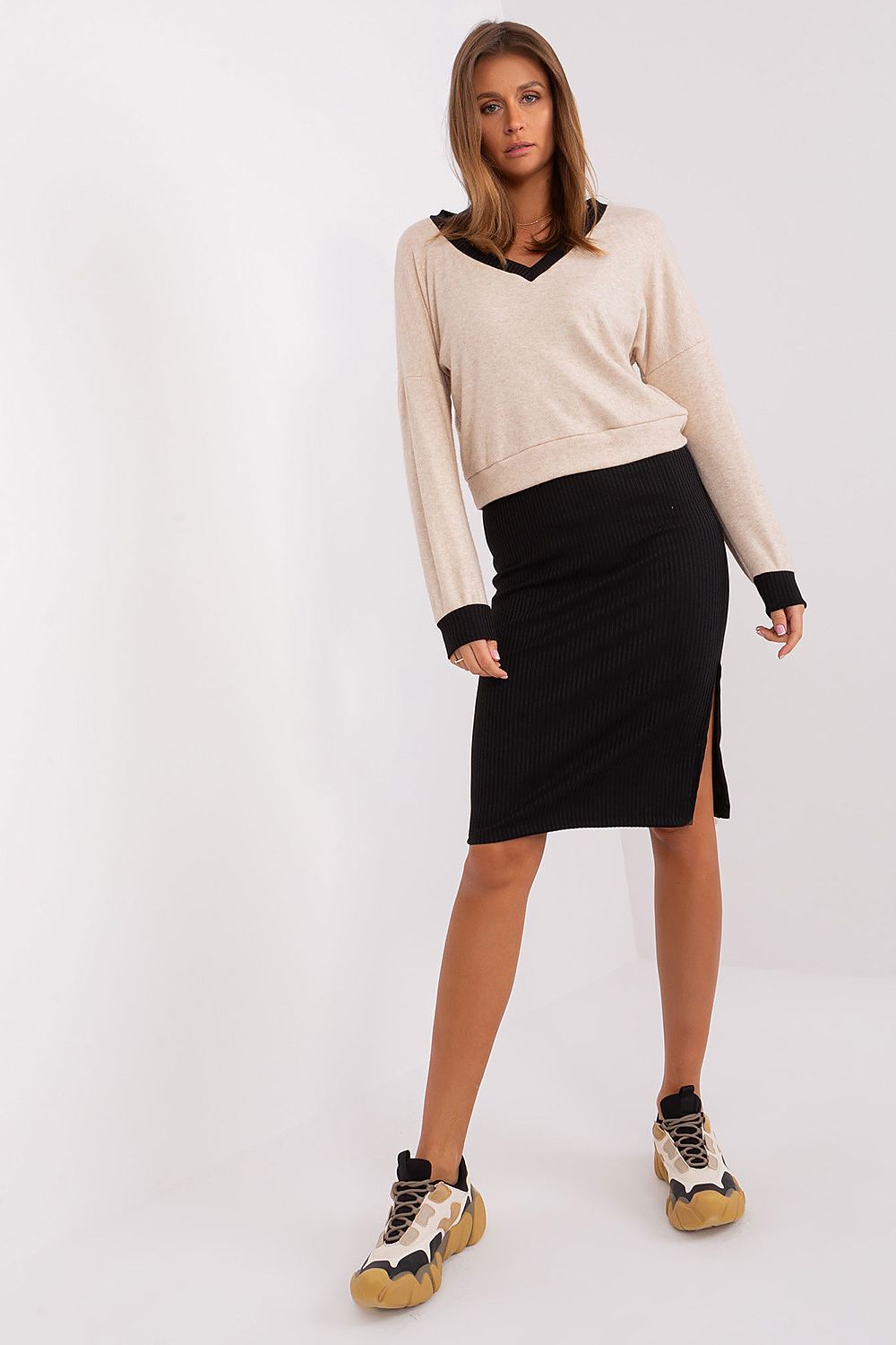 Chic long sleeve blouse included in the Rue Paris elegant cotton midi dress set, showcasing a modern heart neckline design.