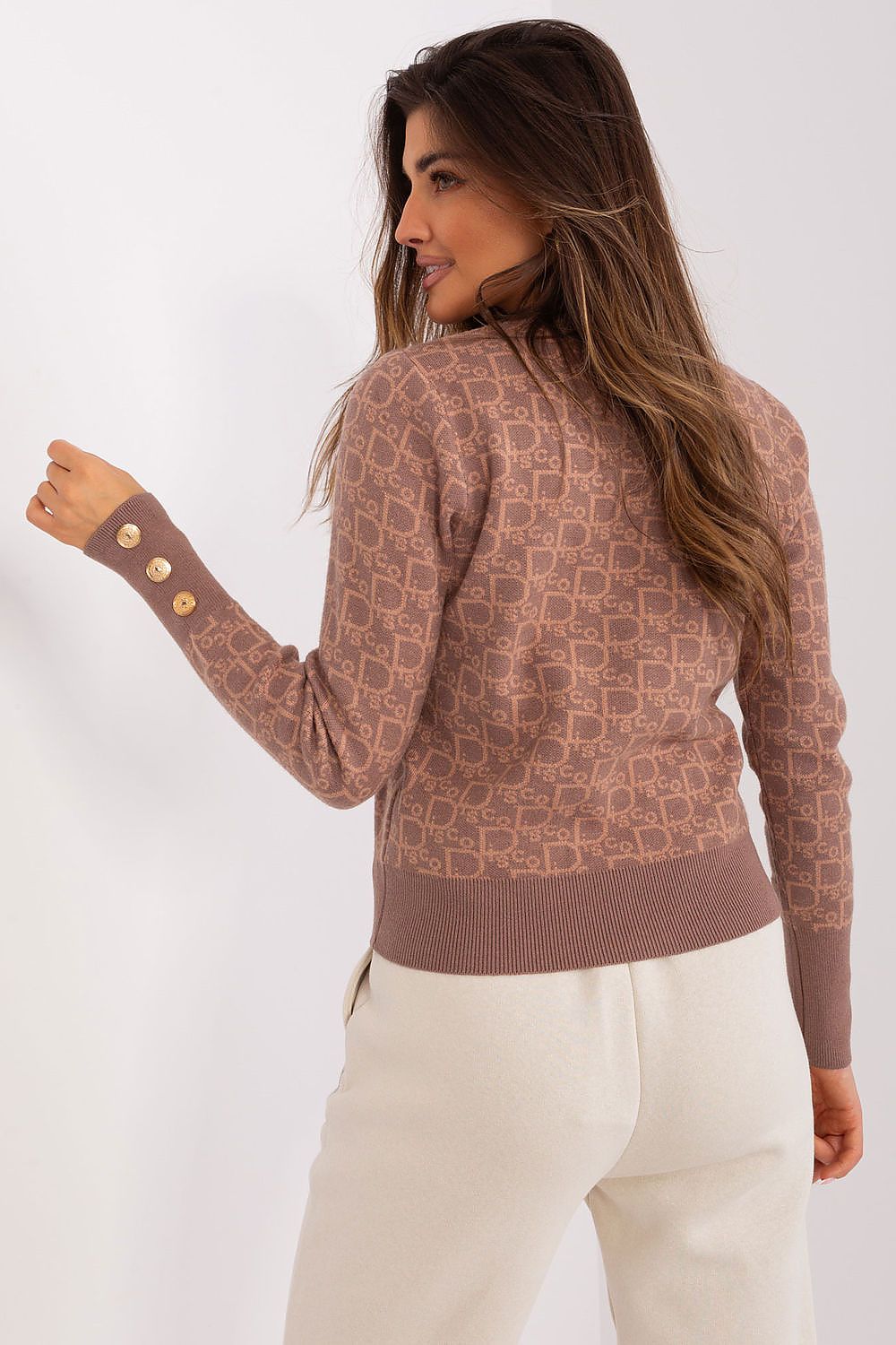 Side angle of the chic round neck jumper with distinctive design elements, crafted by AT for a fashionable and comfortable fit.