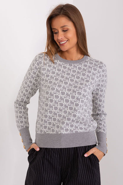 Model wearing the elegant long sleeve sweater by AT, highlighting its versatility and fashionable appeal for various occasions.