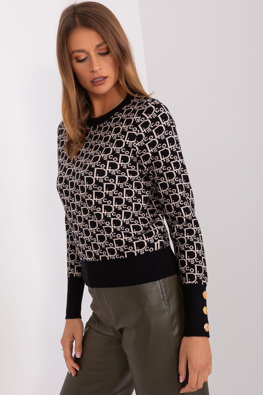 Luxurious round neck sweater featuring intricate decorative cuff buttons and a unique print, elegantly crafted by AT for chic casual outings.