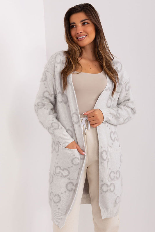 Elegant long sleeve cardigan with pockets by AT, showcasing a nylon blend fabric for luxurious comfort and style.