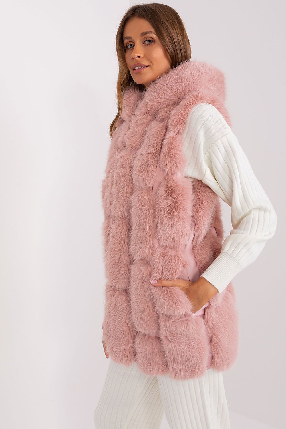 Luxurious elegant women's fur vest with hood from AT, crafted in soft polyester for casual stylish occasions, featuring practical pockets and a chic design.