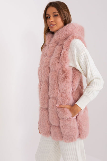 Luxurious elegant women's fur vest with hood from AT, crafted in soft polyester for casual stylish occasions, featuring practical pockets and a chic design.