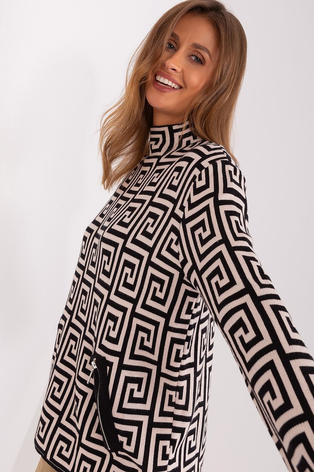 Elegant geometric pattern women's long sleeve half turtleneck sweater by AT featuring zippered pockets, perfect for work and everyday wear.