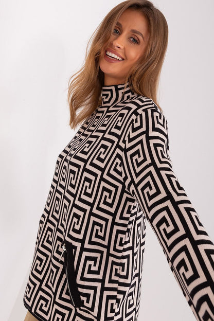 Elegant geometric pattern women's long sleeve half turtleneck sweater by AT featuring zippered pockets, perfect for work and everyday wear.
