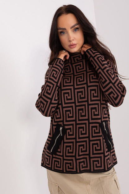 Sophisticated women's long sleeve half turtleneck sweater with a chic geometric design by AT, suitable for a fashionable office look.