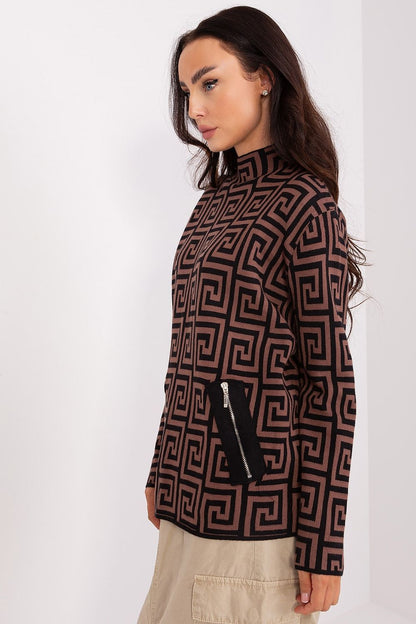 Stylish and functional geometric patterned sweater by AT with half turtleneck, designed for warmth and elegance in colder weather.