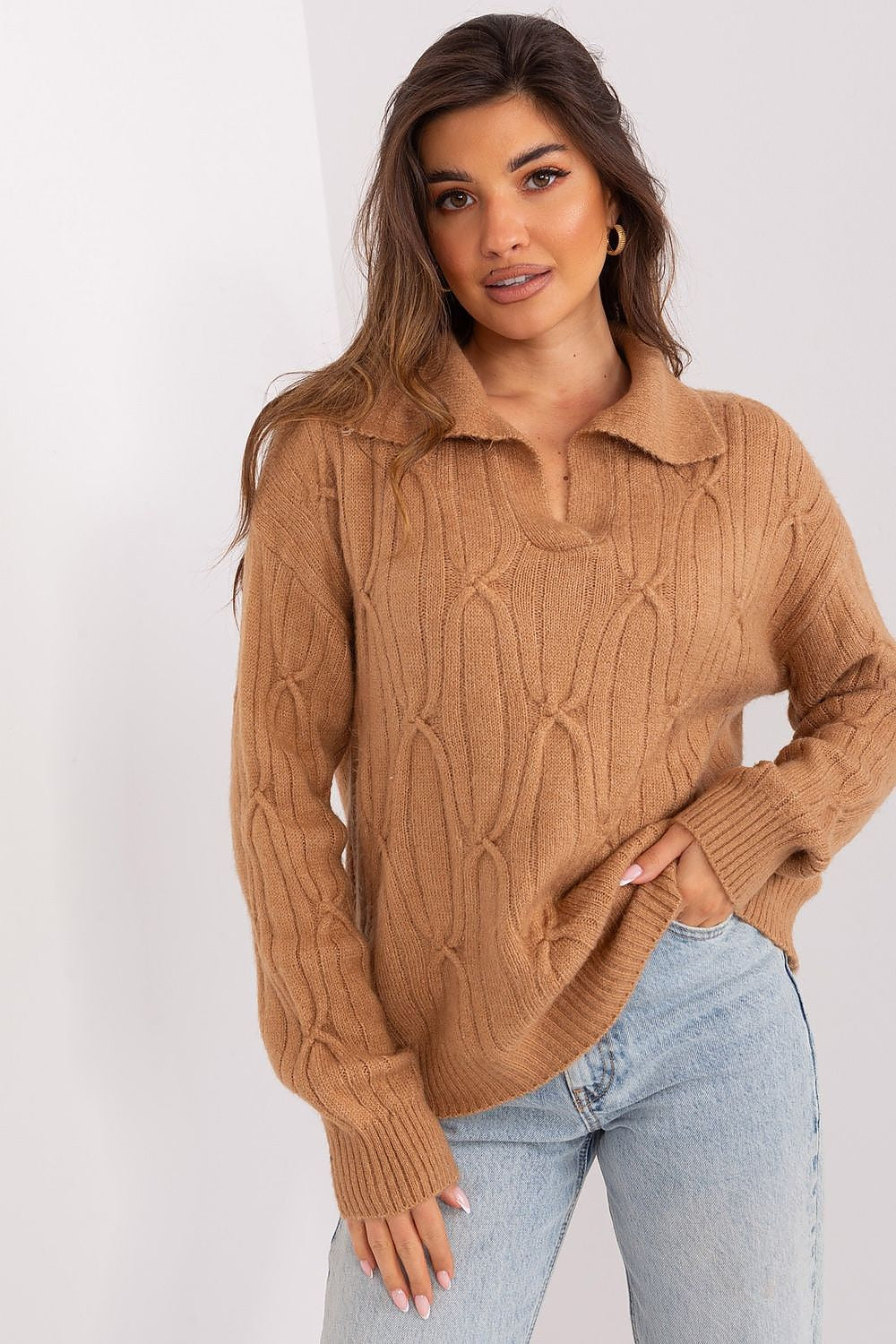 Elegant women's acrylic blend long sleeve sweater by AT, featuring a subtle pattern and versatile style, perfect for both casual and office wear.