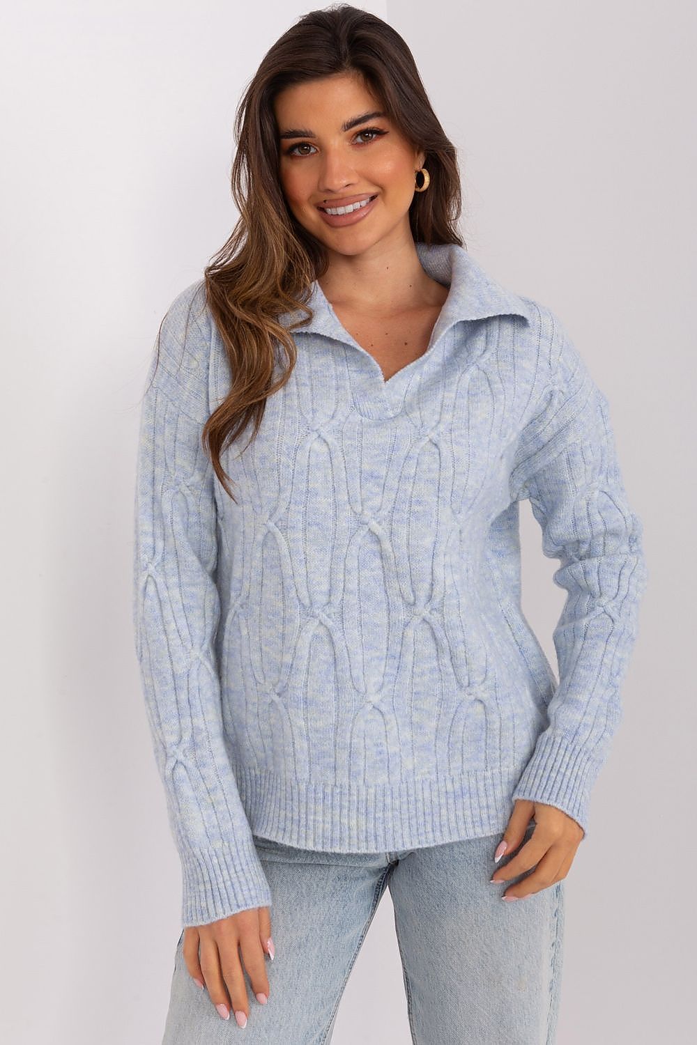 Elegant long sleeve women's acrylic sweater by AT, featuring a classy collar and textured fabric, perfect for versatile casual looks.