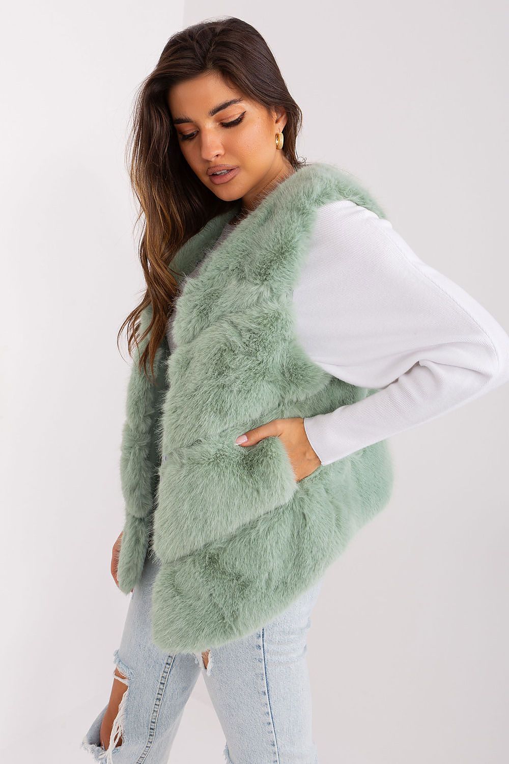 Luxurious women's fur vest by AT, showcasing soft polyester fabric, perfect for casual elegance and warmth.