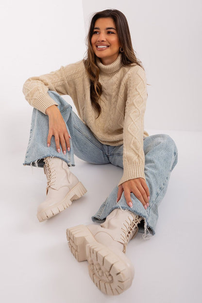 Close-up of the stylish plaid pattern and texture of the women's turtleneck sweater, designed by AT for a chic appearance.