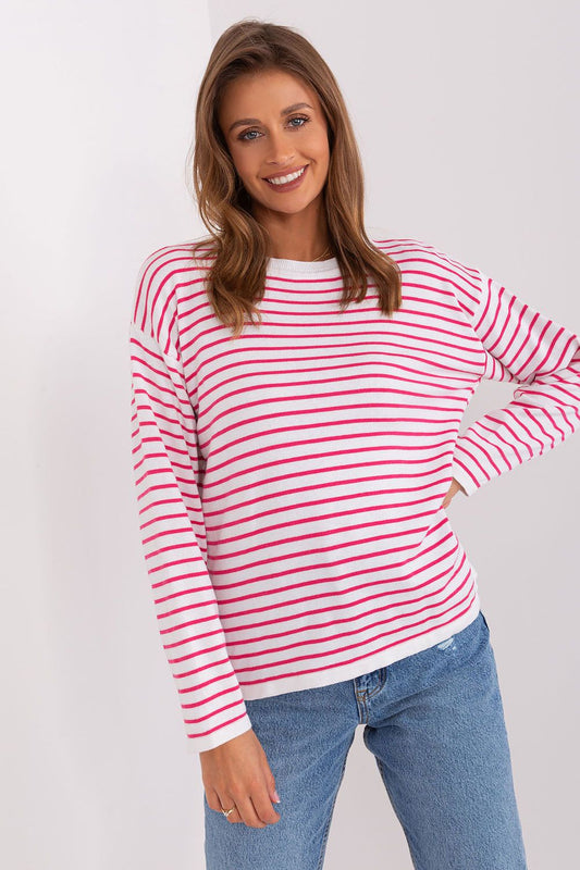 Luxury striped Badu jumper sweater for women, crafted from a soft acrylic and wool blend, showcasing elegant casual style with long sleeves and a round neckline.
