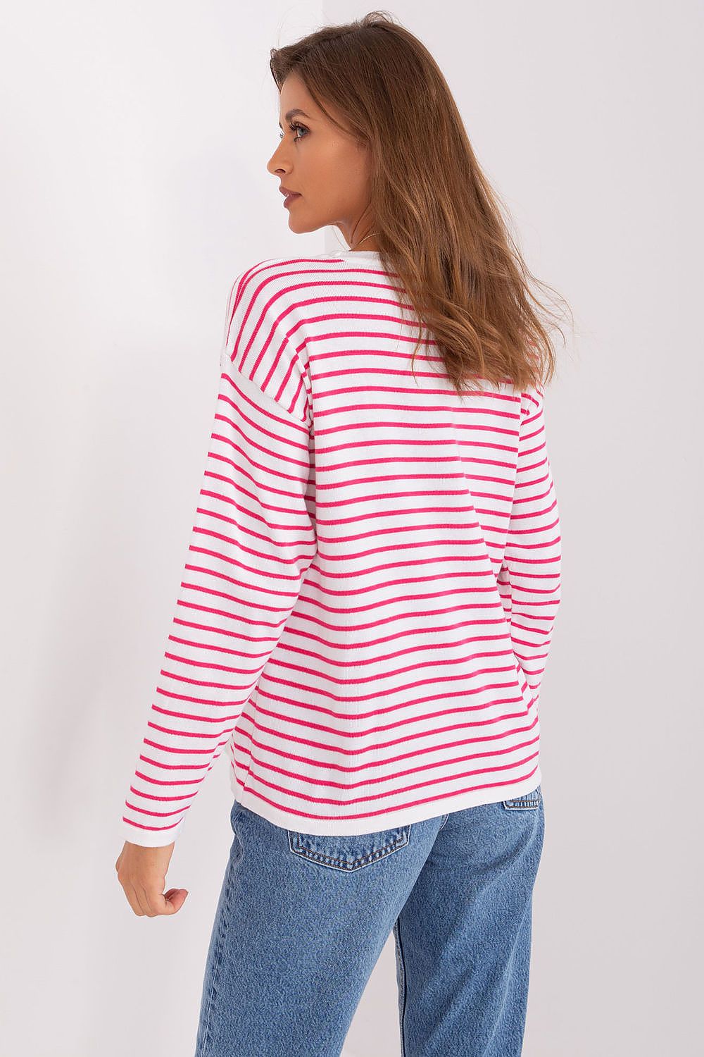 Badu women's luxury sweater with striped design, crafted from 70% acrylic and 30% wool, ideal for versatile everyday wear.