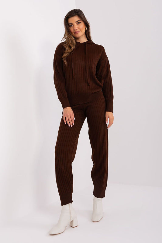 Badu 2-Piece Casual Long Sleeve Hooded Sweater & High-Waisted Pants Set showcasing luxury comfort in stylish ribbed material, ideal for everyday elegance.