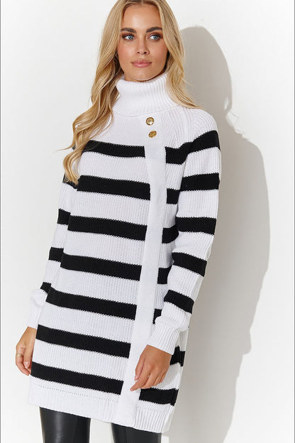 Elegant Makadamia turtleneck sweater with gold buttons, perfect for social gatherings or formal outings, showcasing a loose cut for comfort and style.