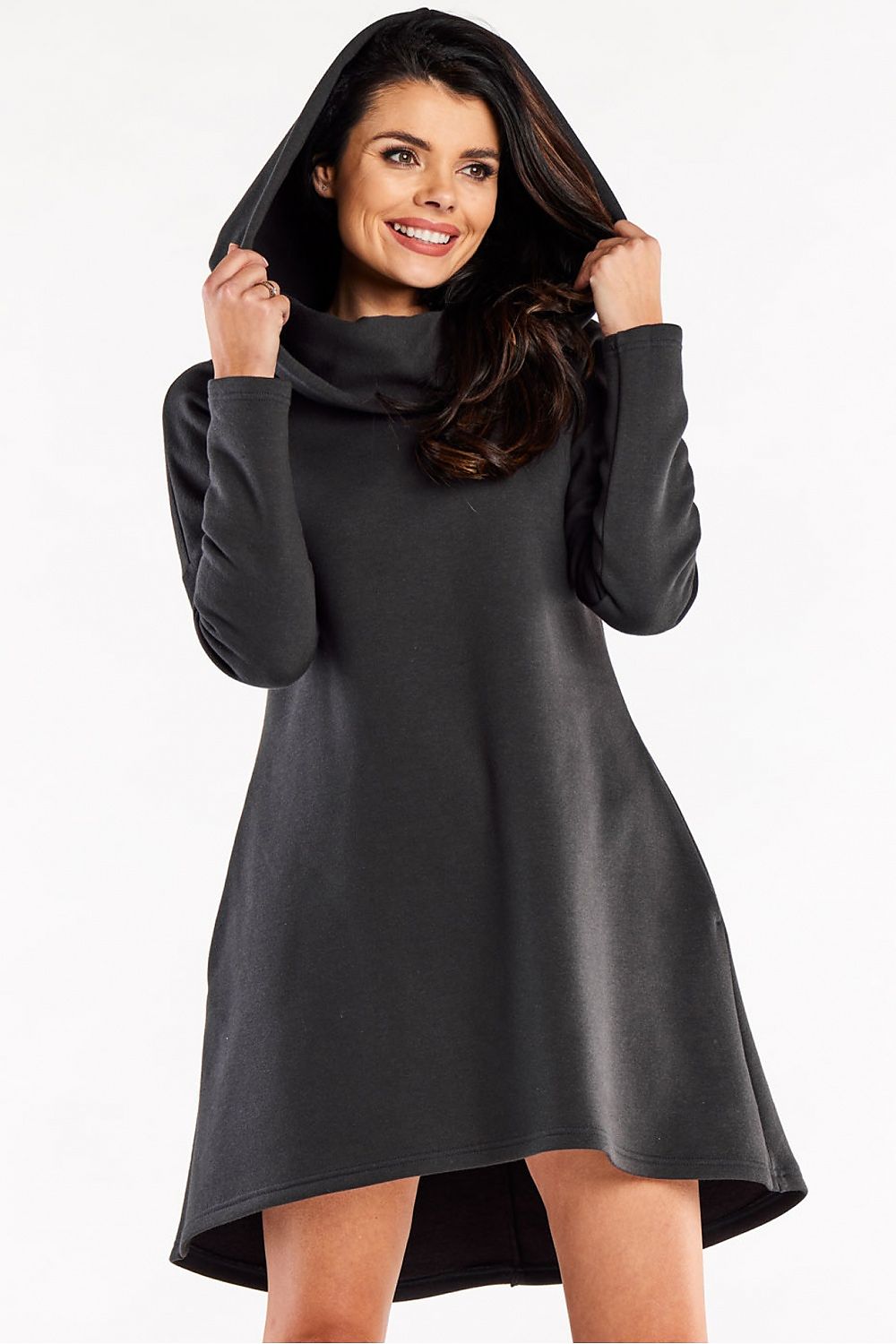 Detail view of Elegant Loose Trapeze Dress with Long Sleeves and Hood from Infinite You, featuring soft cotton and spandex blend fabric for ultimate comfort.