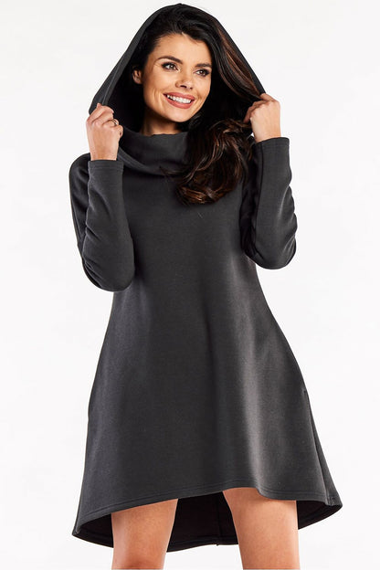 Detail view of Elegant Loose Trapeze Dress with Long Sleeves and Hood from Infinite You, featuring soft cotton and spandex blend fabric for ultimate comfort.