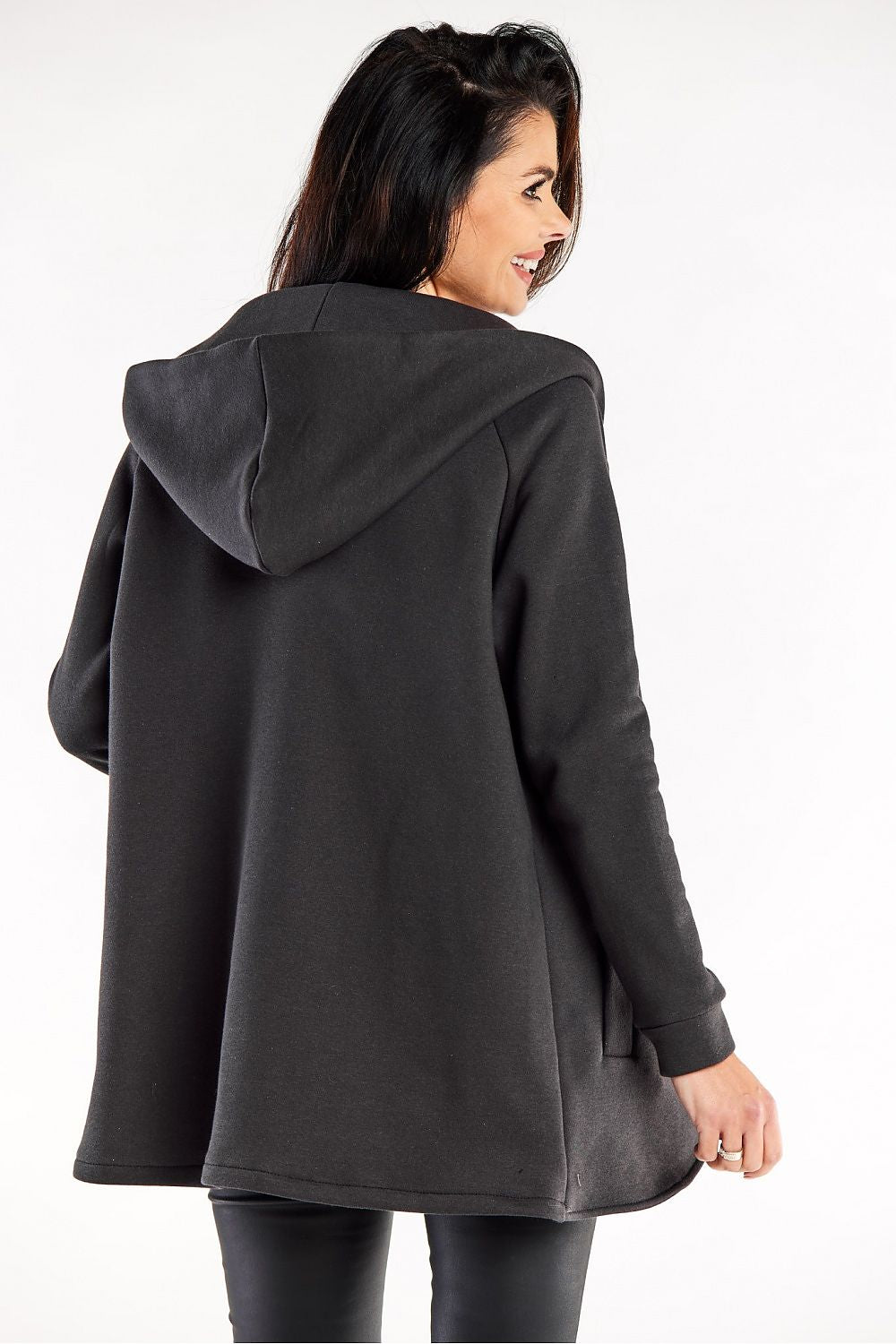 Close-up of the exquisite fabric of the Luxurious Loose-Fit Hooded Sweatshirt by Infinite You, featuring a chic rounded front bottom.