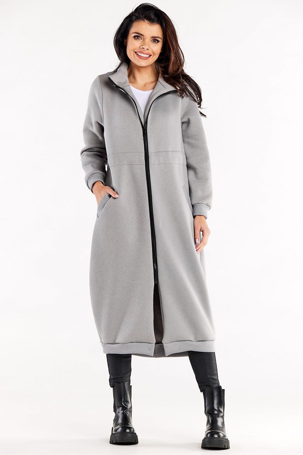 Luxury Long Zippered Sweatshirt With High Collar, Drawstring Waist, And Slip Pockets - Elegant and comfortable design, perfect for upscale casual wear.