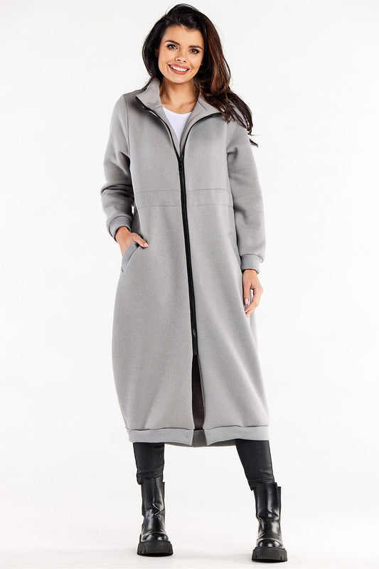 Luxury Long Zippered Sweatshirt With High Collar, Drawstring Waist, And Slip Pockets - Elegant and comfortable design, perfect for upscale casual wear.