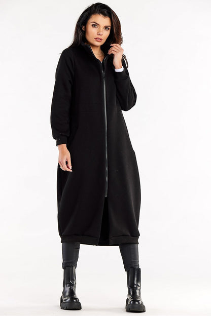 Luxury Long Zippered Sweatshirt With High Collar, Drawstring Waist, And Slip Pockets featuring a close-up of the high collar detailing