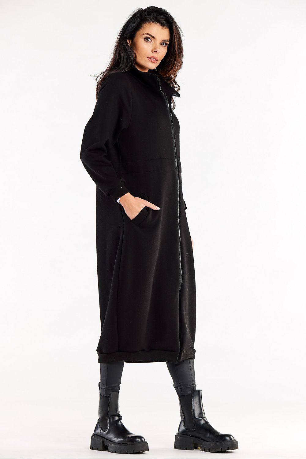 Luxury Long Zippered Sweatshirt With High Collar, Drawstring Waist, And Slip Pockets displayed on a stylish model in a chic urban setting