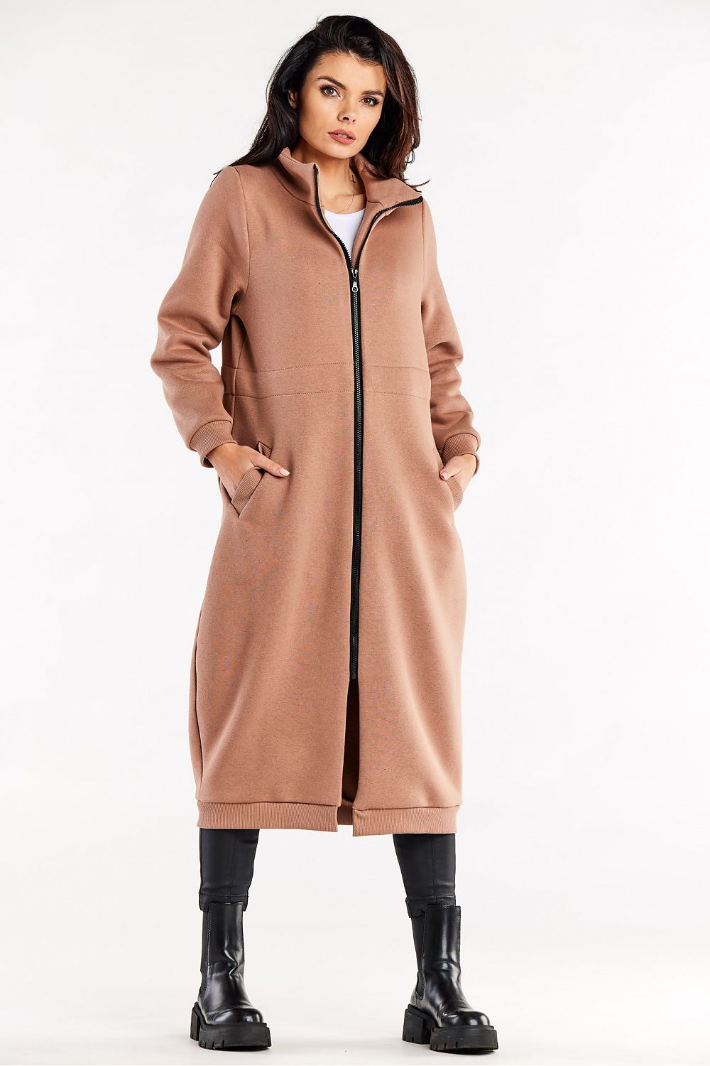 Luxury Long Zippered Sweatshirt With High Collar, Drawstring Waist, And Slip Pockets highlighting its functional slip pockets