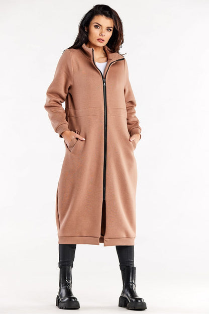 Luxury Long Zippered Sweatshirt With High Collar, Drawstring Waist, And Slip Pockets highlighting its functional slip pockets