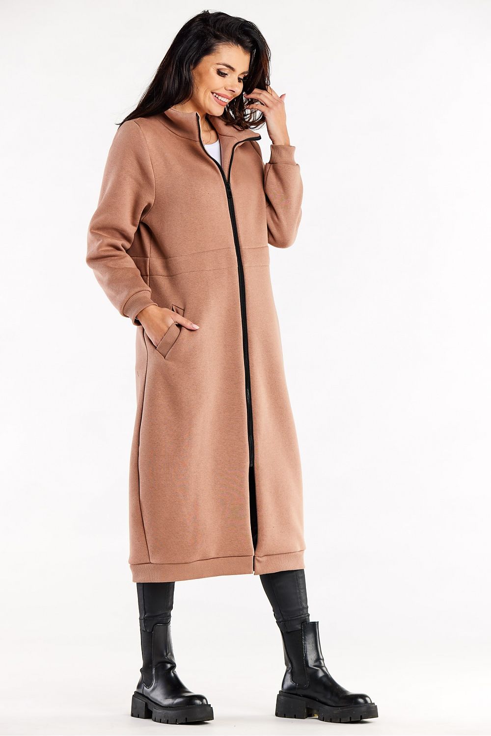 Luxury Long Zippered Sweatshirt With High Collar, Drawstring Waist, And Slip Pockets focusing on the quality fabric and luxury finish