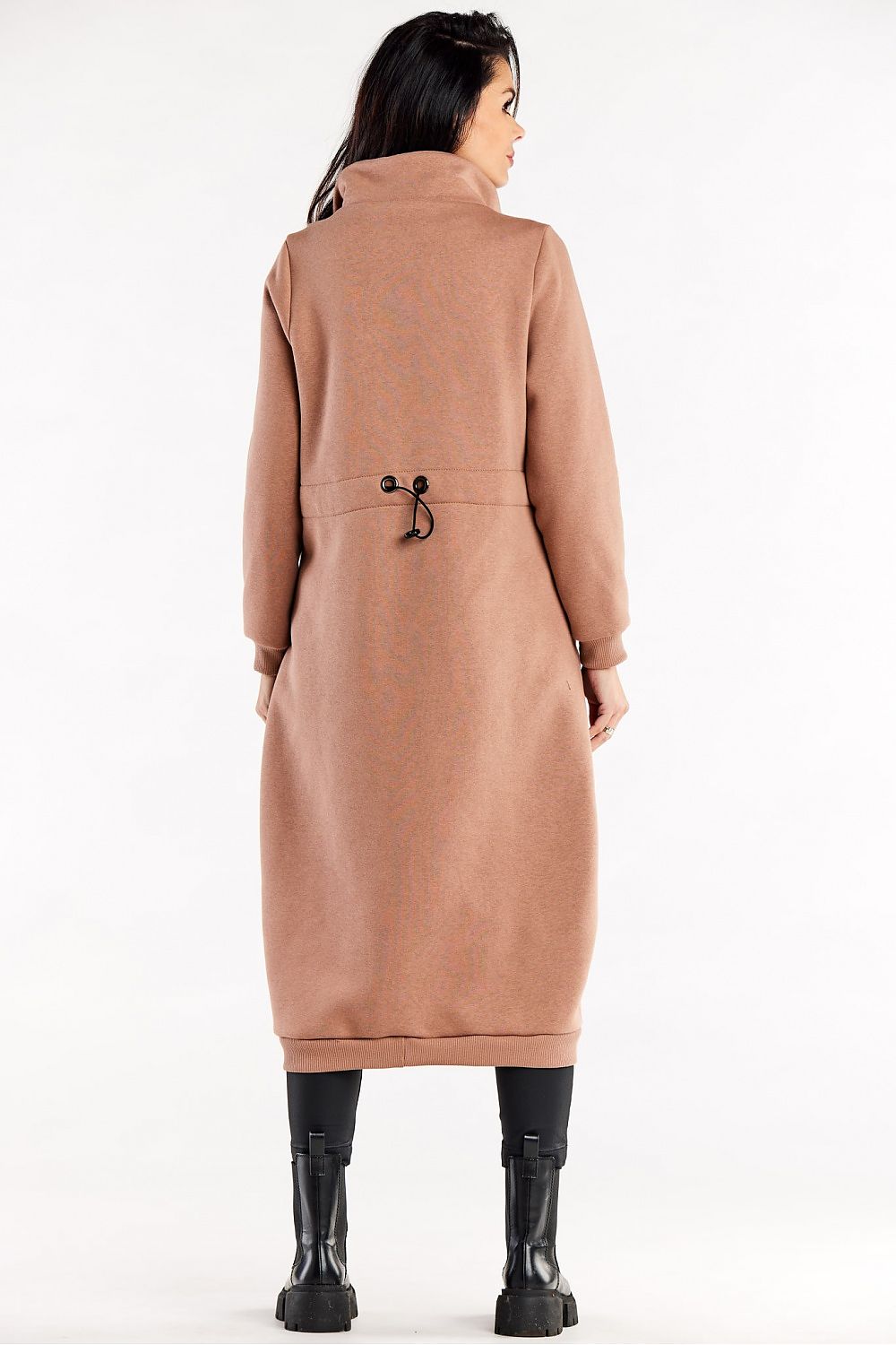 Luxury long zippered sweatshirt with high collar, drawstring waist, and slip pockets, crafted from 95% cotton and 5% spandex for ultimate comfort and style.